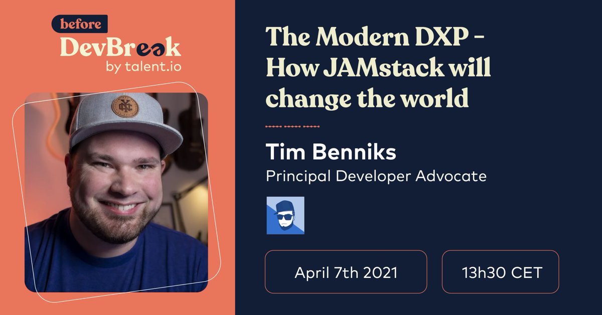 timbenniks's tweet photo. On April 7th I'll be speaking at the Before @DevBreak21 event. We're going to discuss the modern DXP and how #Jamstack, along with companies like @netlify, will change the game for all manner of websites in the future...
Sign up here: https://t.co/sd5JlE4yK9 https://t.co/4mLvwSmBF7