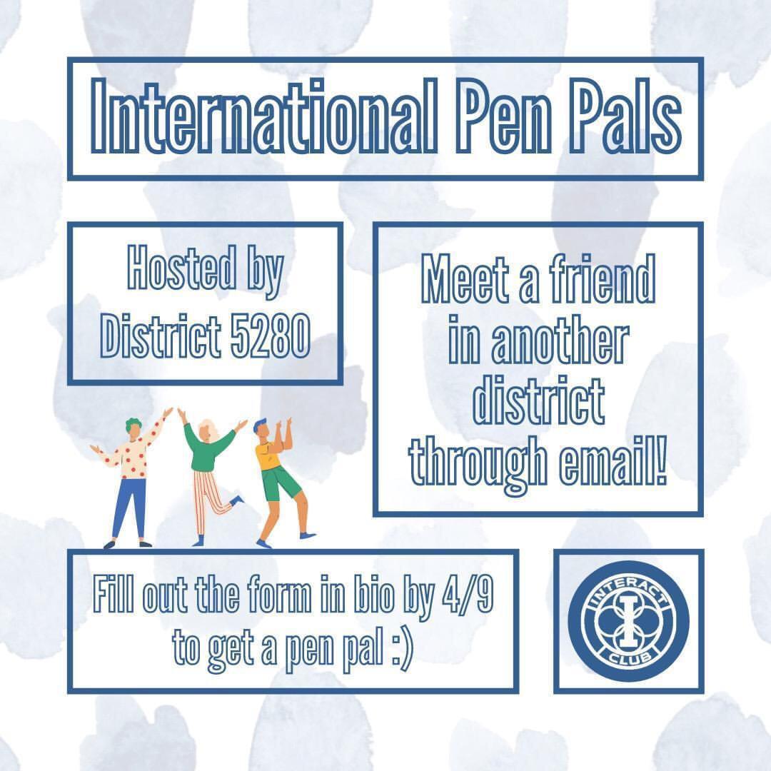 Hi there 😊 The beauty of Interact is forming friendship and meeting new people🥳.Do you want to meet  Interactors from other districts? Are you a patron and would like your club to be part of this? Interact District 5280 invites you you to participate in a penpal program.