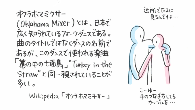 ジャスティス 勝手に癖字書写 こういうカップルを見るたびに 心の中で オクラホマミクサー と思ってたんだけど オクラホマ ミクサーは踊りの名前であって 曲のタイトルではないそうだ 知らなかった 藁の中の七面鳥 に合わせて オクラホマ