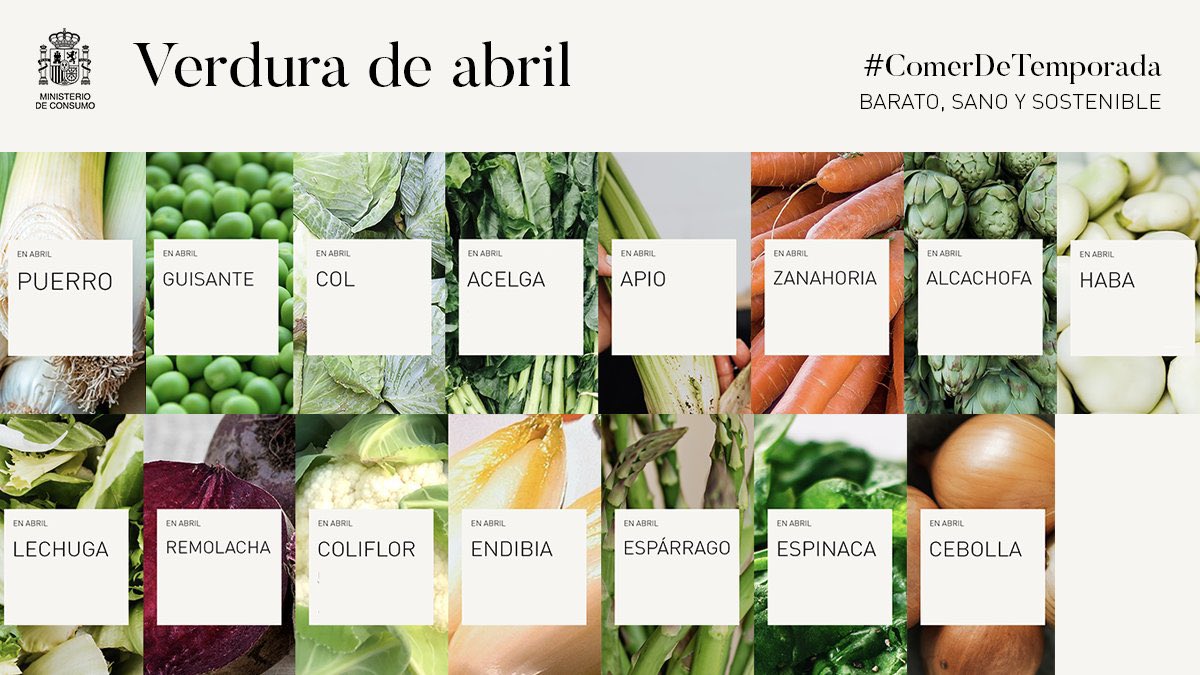 agarzon's tweet photo. Como cada mes, estas son las frutas y verduras de temporada en abril. Recuerda que este consumo que es saludable para tu cuerpo es también una forma de proteger el planeta y la economía local. https://t.co/6Jp6DufSsy