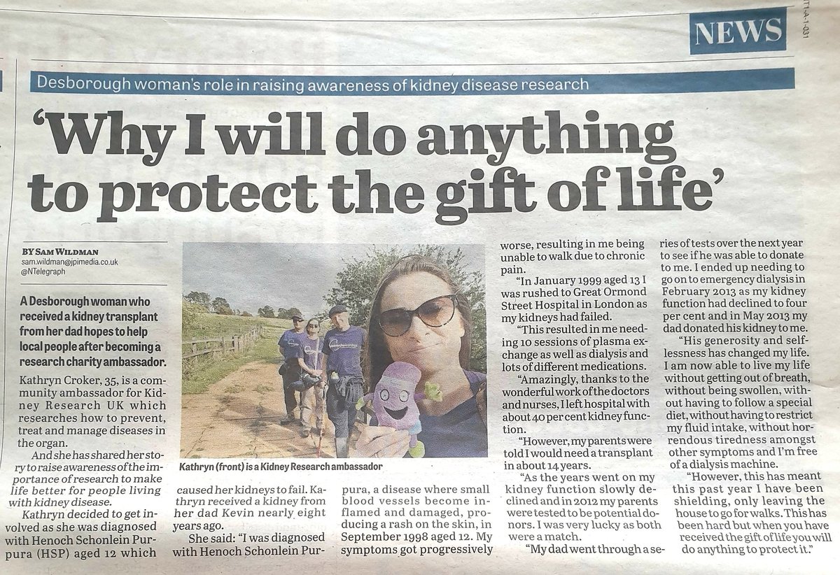 Thanks so much @SamWildmanNT for the article in @NTelegraph to share my story after becoming a #CommunityAmbassador for @Kidney_Research and to help raise vital awareness of the charity and #kidneydisease 💜