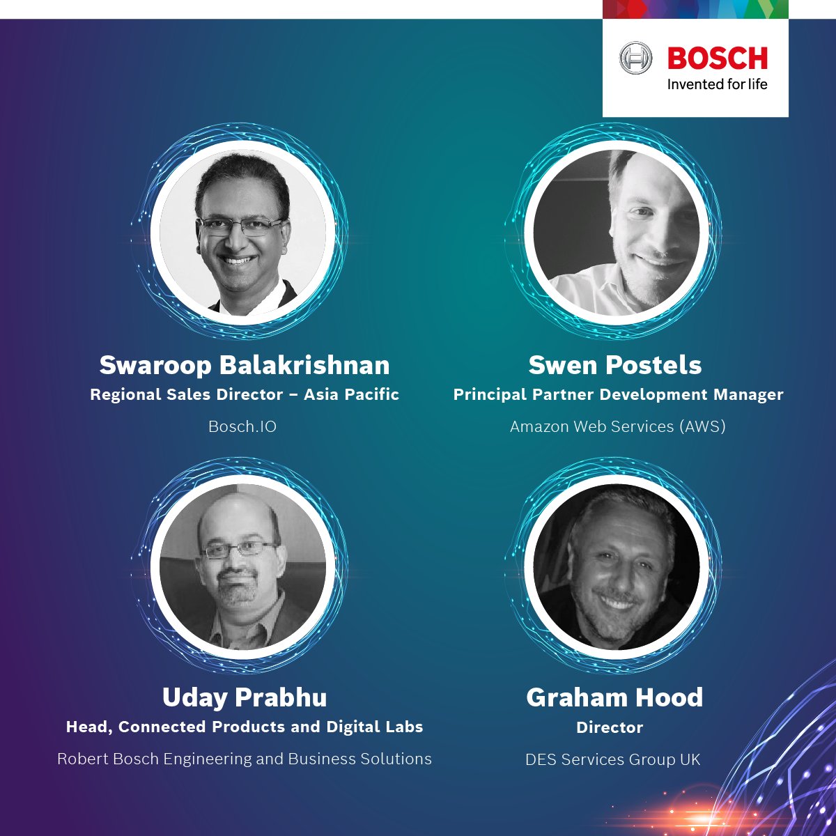 BoschSoftware's tweet photo. Watch the experts Graham Hood, Swen Postels, Swaroop Balakrishnan AK and Uday Prabhu, share their insights on enabling real-time monitoring and management of assets and spaces, in our upcoming LinkedIn live. #PhantomEdge. Click to add on your calendar- https://t.co/hfeBaBoL8X https://t.co/Z6LnF2v671