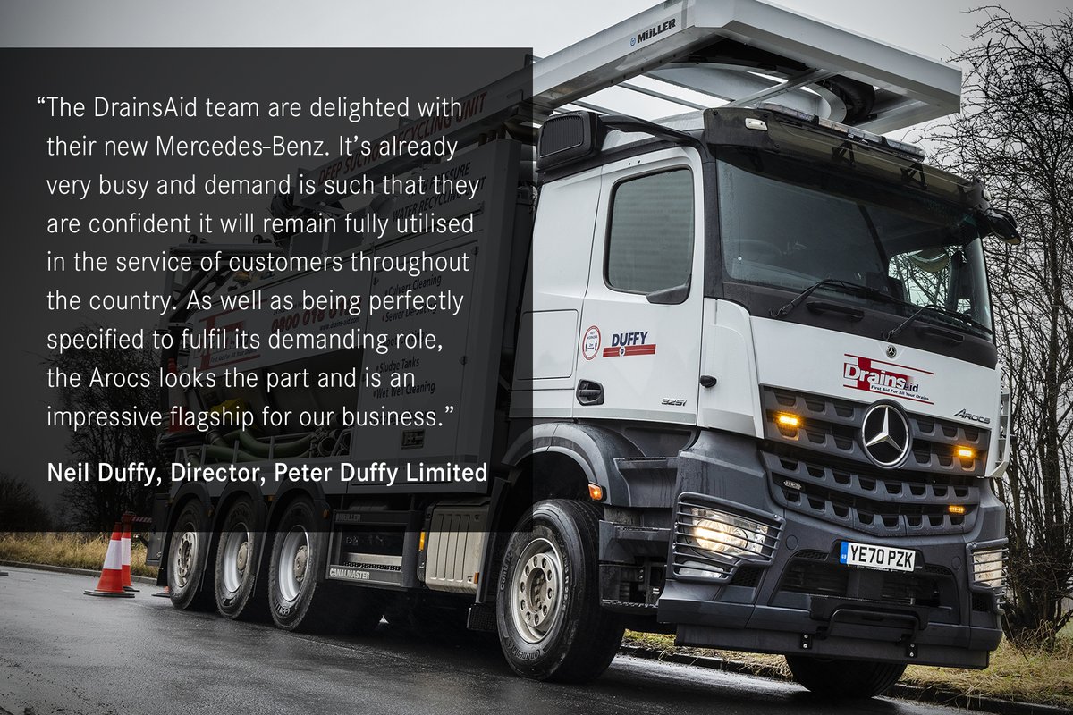 DaimlerTruckUK's tweet photo. @DrainsAid delivers eco-friendly deep cleans with Müller-equipped #MercedesBenz #Arocs from @NorthsideTruck. Designed to clean large diameter sewers/deep wells, the model is based on an Arocs 3251 chassis with #MirrorCam and #MultimediaCockpit. Read more https://t.co/SYdaSwkstZ https://t.co/eXiwGw4Mub
