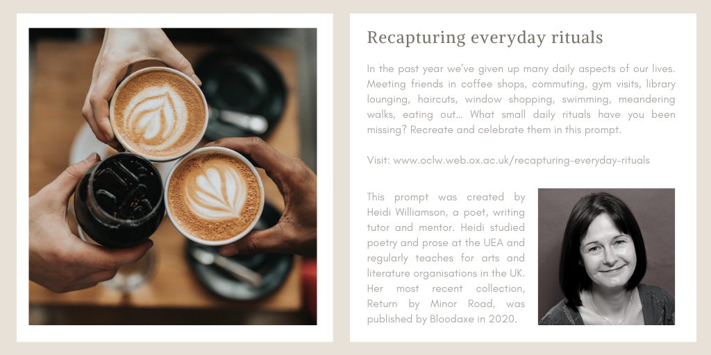 OxLifeWriting's tweet image. April's #ImmeasurableEvents writing prompt is our very first from a guest writer, the @BloodaxeBooks poet, writing teacher and mentor, @heidiwilliamson.

Get inspired to write about recapturing everyday rituals here: 

oclw.web.ox.ac.uk/article/recapt…