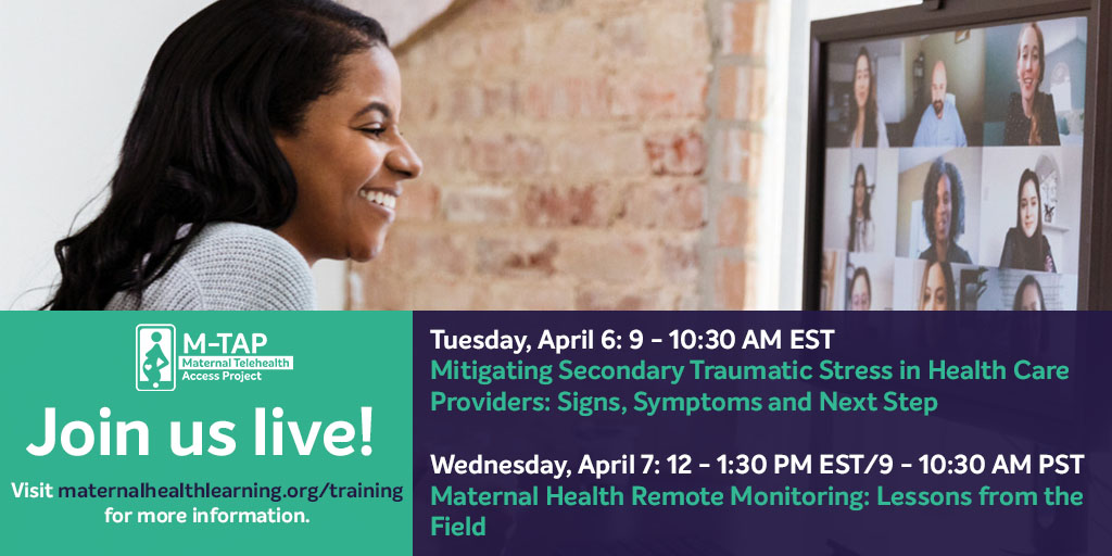 SEPAAHEC's tweet photo. The next Maternal Telehealth Access Project webinar is April 6- "Mitigating Secondary Traumatic Stress in Health Care Providers: Signs, Symptoms and Next Steps".

Registration closes tomorrow, 4/2: https://t.co/MwWnGr1GtW

#mtap #maternaltelehealth #healthcare #telehealth https://t.co/kSjLmIJMqO