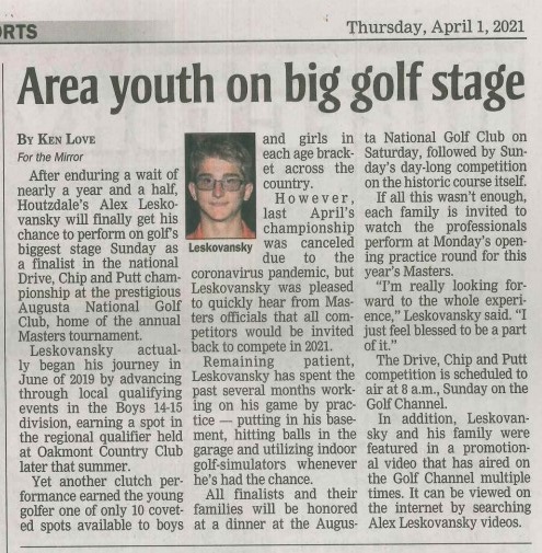 Good luck Alex Leskovansky as he competes in the National Drive, Chip &amp; Putt Championships!