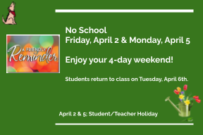 SchellCoyotes1's tweet photo. No school April 2 and April 5.  Student/teacher holiday. https://t.co/aimdgCoxA0