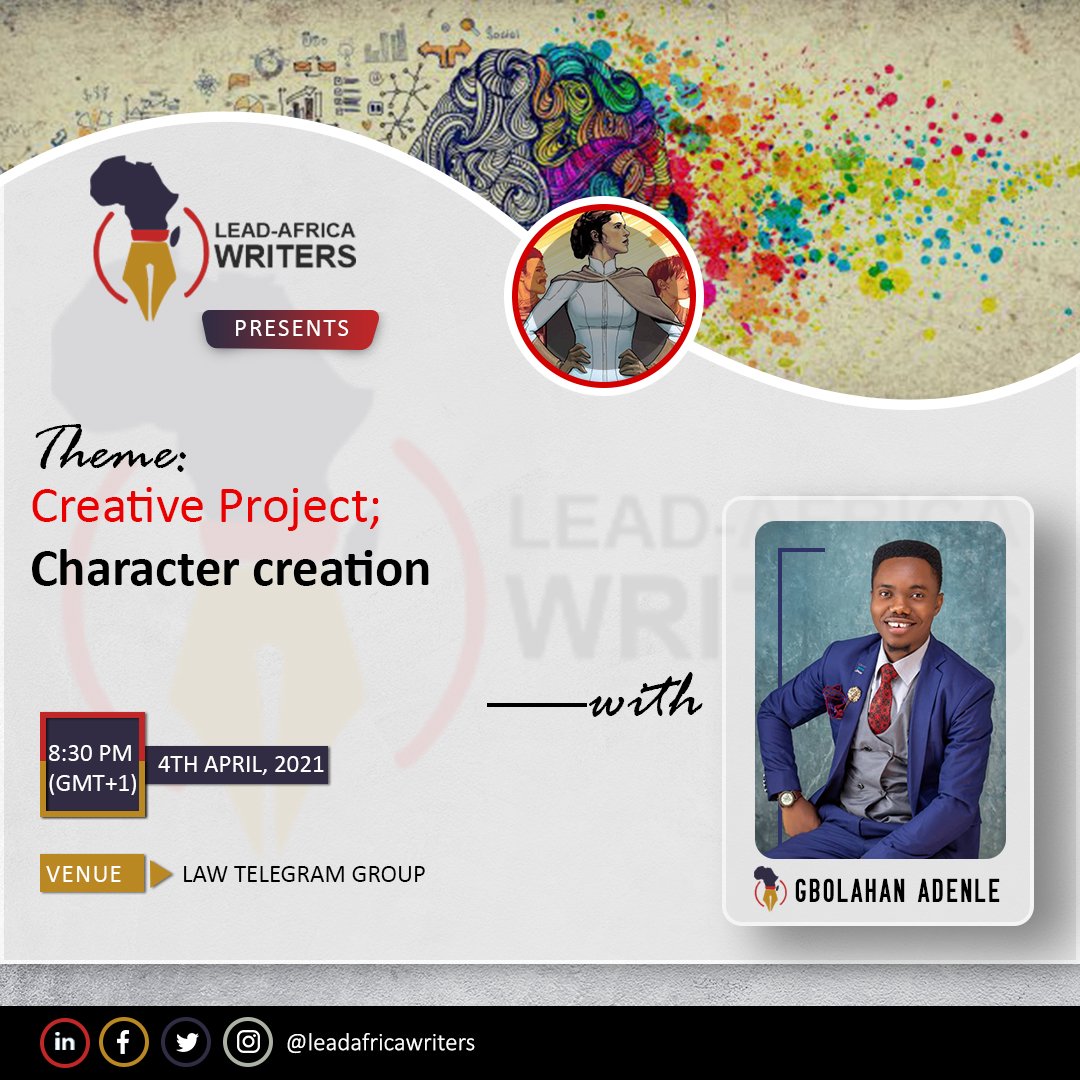 Leadafricawrite's tweet image. Ever wondered how to up your character creation game as a #writer? Say no more, be present at this week's session where we delve into the nitty gritty of creating characters as writers. We await you. 

Venue: LAW Telegram Group

#SHIFTishere #learningsession #leadafricawriters