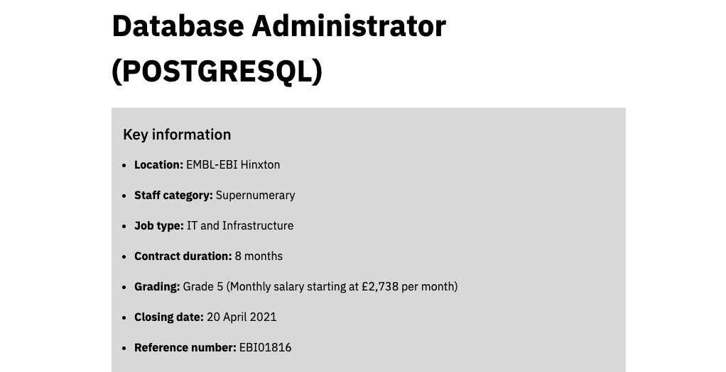 EMBLEBIjobs's tweet photo. #DatabaseAdministrator to support the #PostgreSQL activities and occasionally #Oracle, with the opportunity to work with #Delphix Virtualisation. #postgresql #mysql #mongodb #oracle #dbajobs #techjobs #dba https://t.co/h8gk808ojX https://t.co/iPT74yExZM