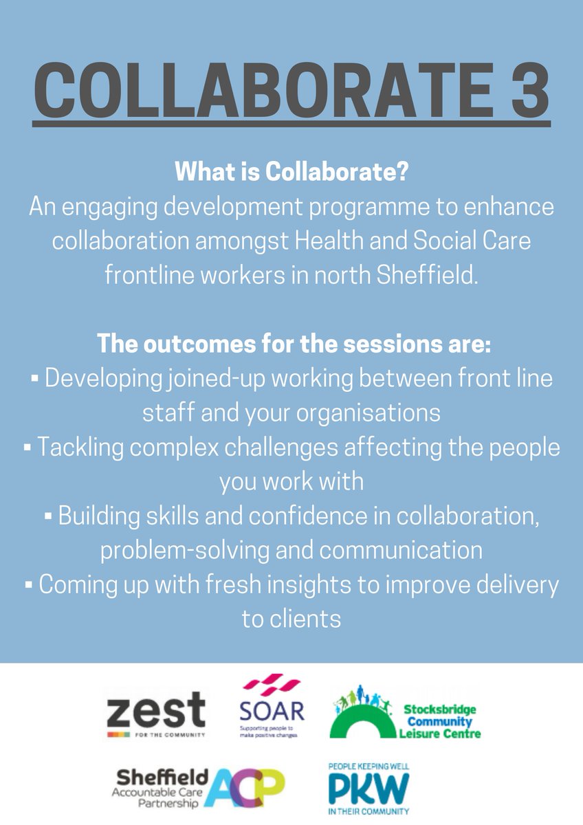 soarcommunity's tweet photo. We are running our third Collaborate programme this May/June! This is a brilliant way for frontline workers to re-connect and develop new ways of working and partnerships.
For more detail and how you can register your interest please visit our website 👉 https://t.co/dr0ls7nTqJ https://t.co/ODgBocdhvL