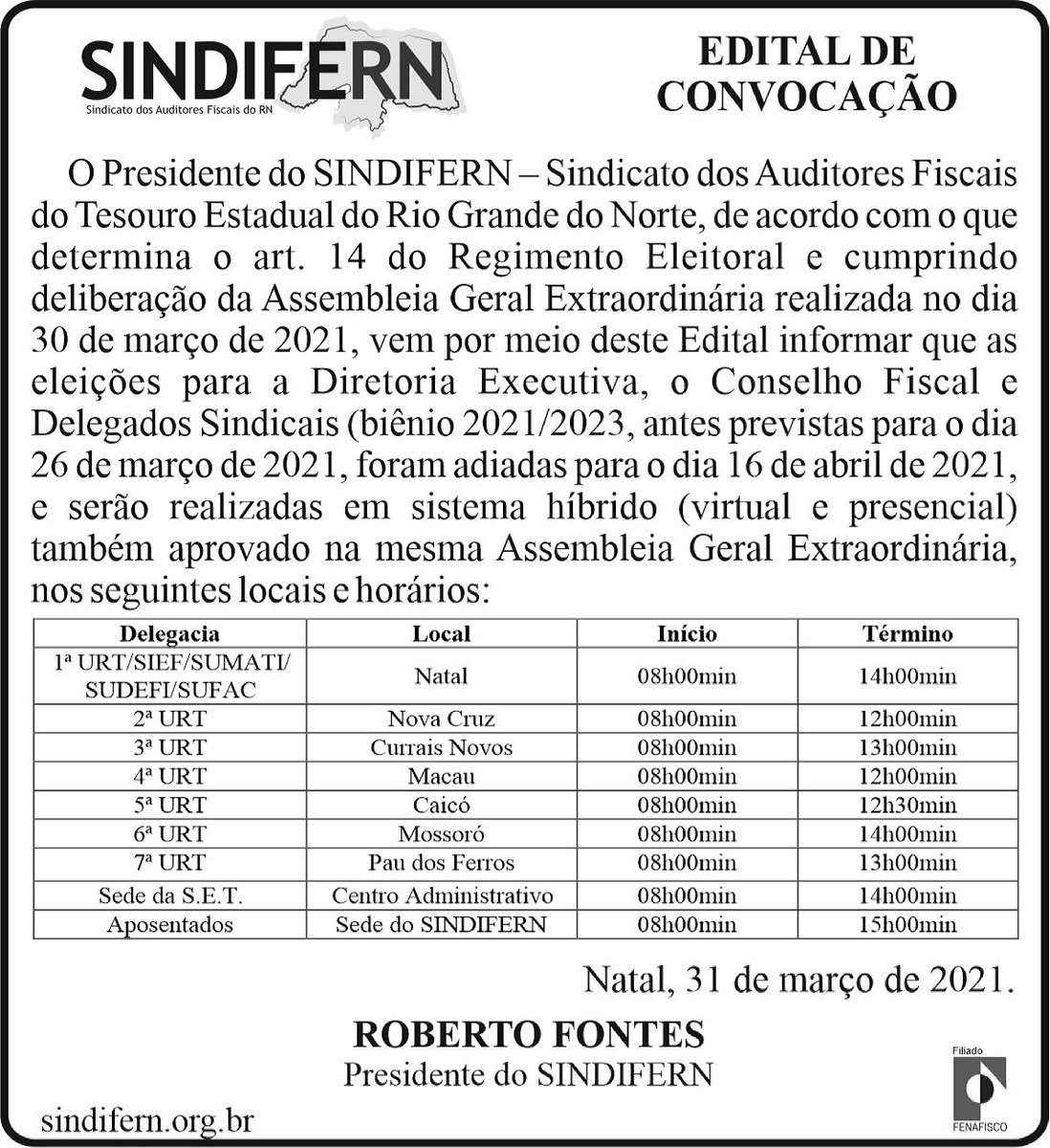SINDIFERN's tweet photo. Publicado nesta quinta-feira, 1º de abril, no AGORA RN,,Editoria Política, pág. 04, o novo Edital de Convocação para as Eleições do SINDIFERN biênio 2021/2023. https://t.co/hjS8pKmRg1