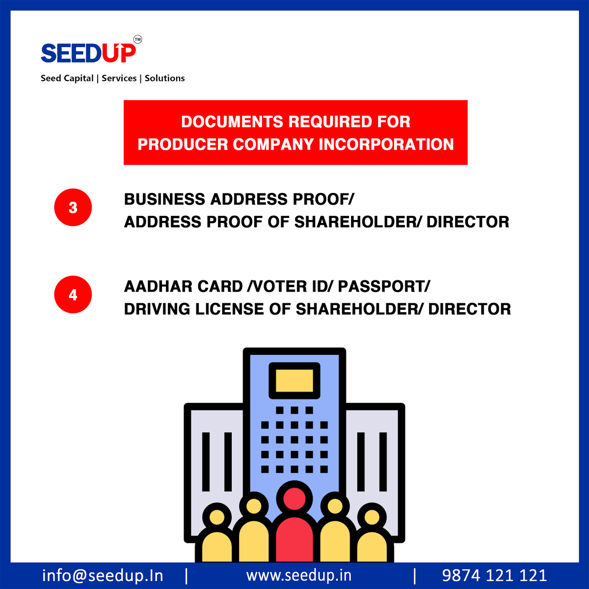 SeedupIndia's tweet photo. Are you confused about, what are the documents required for company incorporation? We got you covered! If you want to incorporate a company, get in touch with us, we will be happy to help you out! 

Visit : https://t.co/xzC5j4zQaA
Email: info@seedup.in
Contact: 9874 121 121 https://t.co/mwRGBdHNlp