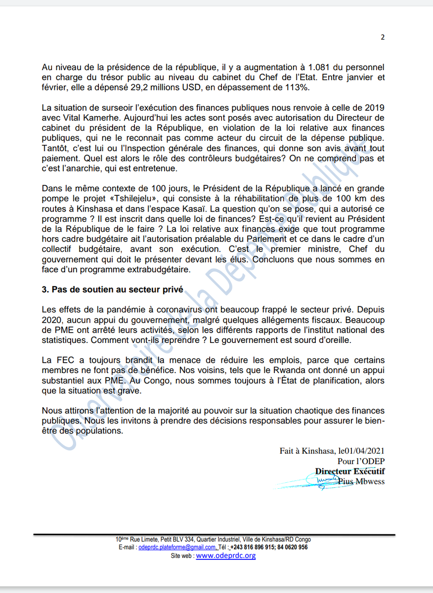 petertiani007's tweet photo. Rapport très accablant de l'ODEP.le pays paye 2 Premiers Ministre qui ont déjà englouti environs 7 Millions $ de janvier à Mars2021;à la Présidence un pléthore d'agent engloutit entre janvier et février 2021 la somme de 29,2 Millions soit un dépassement de 113%. Oh RDC!!! https://t.co/YO45SWLswM