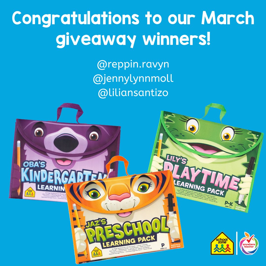 ⭐Congratulations to our March giveaway winners!⭐ 

<a href="/reppin/">Reppin</a>.ravyn
@jennylynnmoll
<a href="/liliansantizo/">lilian santizo</a>

Thank you to everyone that entered and participated!  Stay tuned for our April giveaway! 

#schoolzone #anywhereteacher #education #giveaway #kindergarten #preschool #learningisfun