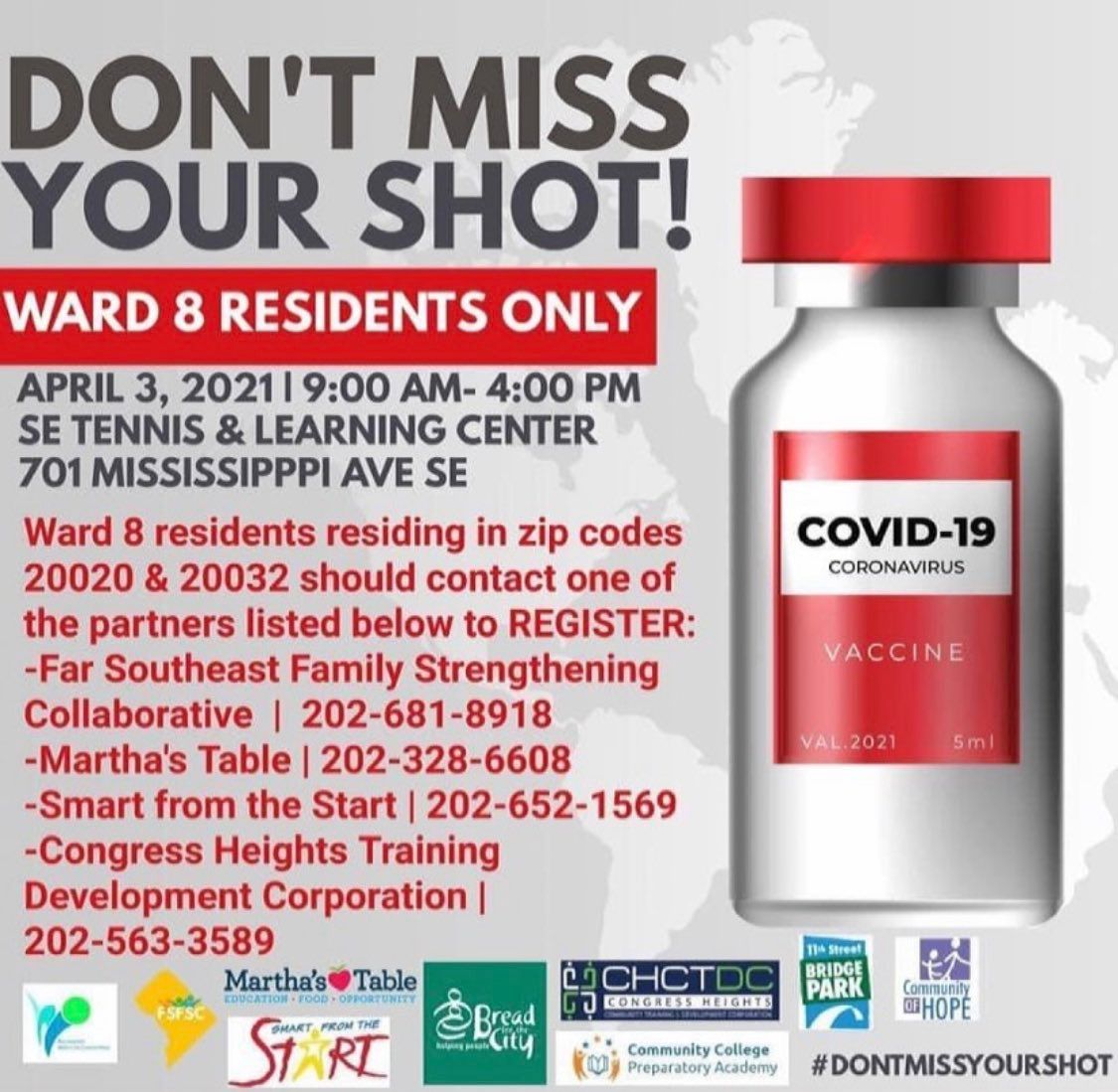 #WARD8 Community: Please look into this opportunity to receive the Johnson &amp; Johnson one-shot vaccine THIS Saturday (4/3)!!