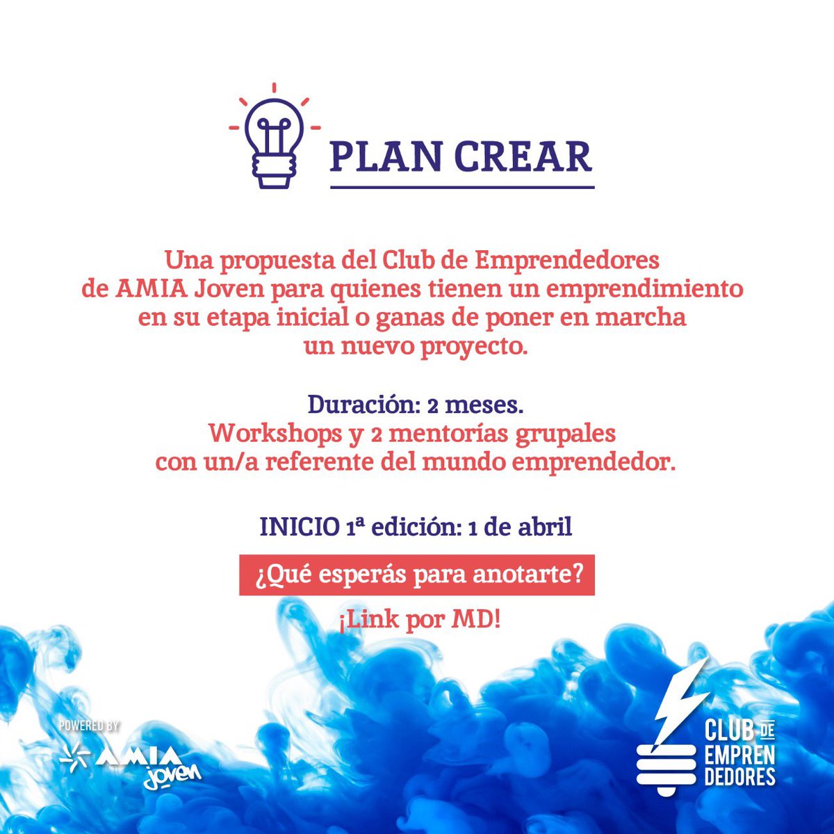 Atención ⚡️Emprendedores y emprendedoras ⚡️ comienza el *PLAN CREAR* del club de emprendedores. 8 clases-2 mentorias y 1 espacio de networking para hacer crecer tu emprendimiento 👍🏻 . Anótate acá amia.org.ar/joven/propuest…