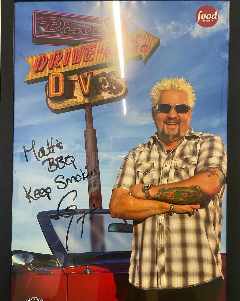 THIS GUY!!! Visited us a couple years ago, now hangs on the wall with us at the new warehouse! #guyfieri #mattsbbq #dinersdriveinsanddives #foodnetwork #triple #bbq #brisket #ribs #pulledpork #pdx #food #love #lunch #thursdayvibes #dinner #foodcart #cartlife