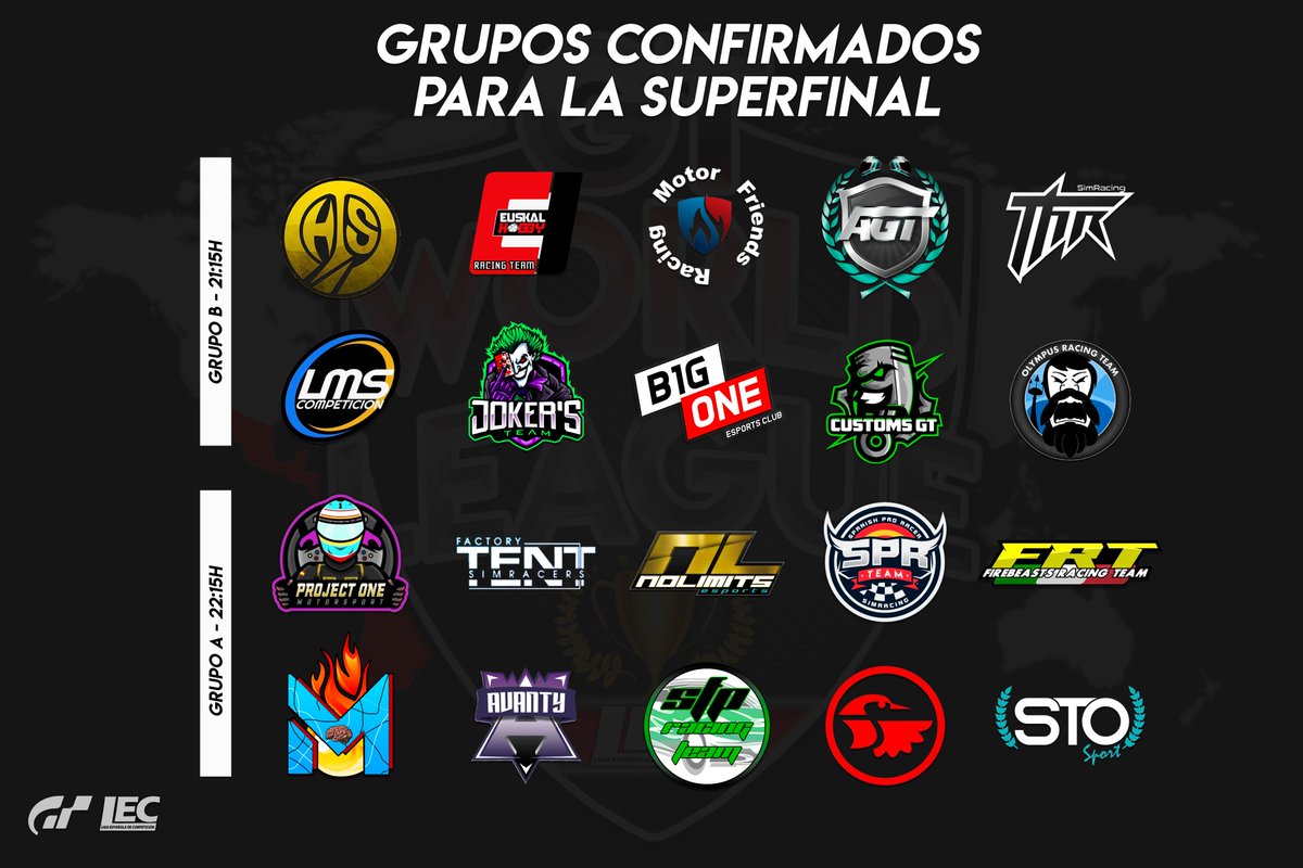 🔴#GTSport 

🚩SuperFinal de la 4ª #GTWorldLeague

✅Sorteo de grupos de los 20 equipos clasificados

🥳El próximo martes arrancamos con las carreras en 4 semanas apasionantes de competición

📺Sigue las carreras en directo en nuestro canal:
twitch.tv/lecesports

❤️#lecesports
