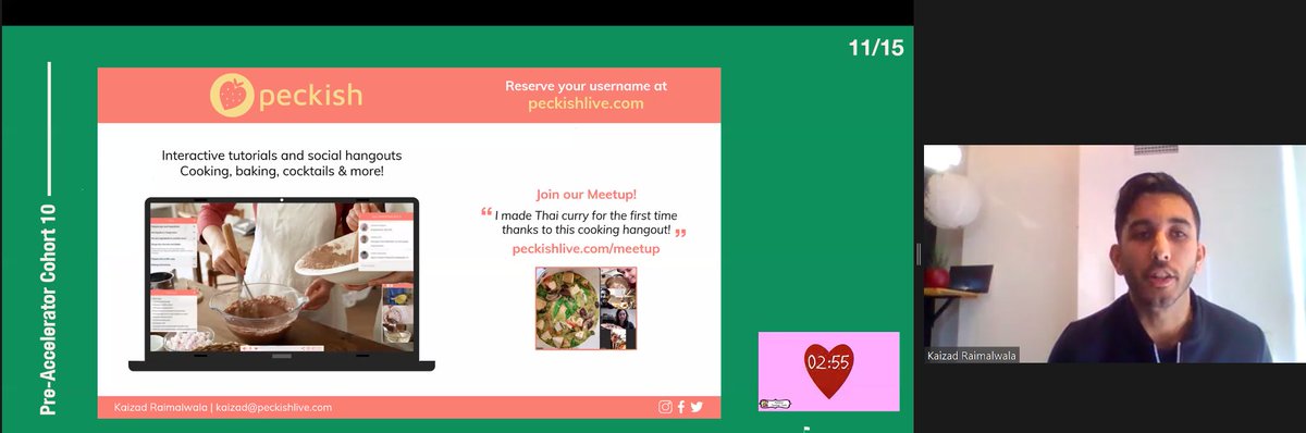 Invest_Ottawa's tweet photo. "We're building a social platform for anyone to take live tutorials on cooking and connect with other food lovers at the same time"" 

Thanks @kaizad_r from @peckishlive for that tasteful pitch 👍

Learn more: https://t.co/v4DfeRYJza 
#IOPreAccelerator https://t.co/3h4ndM1x47