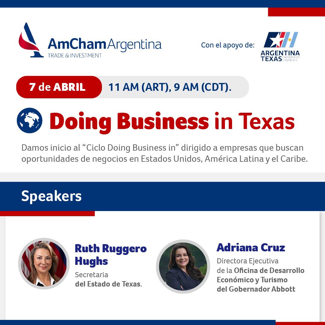Doing Business in Texas 🇺🇸

Una sesion para conocer las ventajas y oportunidades de hacer #negocios en #Texas: ecosistema empresarial, reglamentaciones legales, fiscales e incentivos, y los programas de promoción de inversiones. 

Inscripción: bit.ly/3cxtGkz