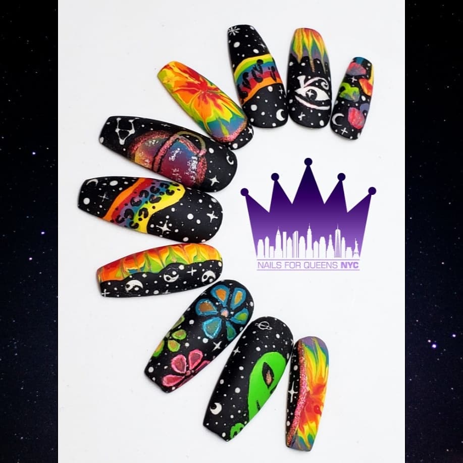 willowfinn's tweet photo. What a long, strange trip it's been to arrive in this acid trip / Lisa Frank / tie-dye / 90s-stoner-blacklight-poster fantasia for @tracycox 💨🍄🌌☮👽☯️👁🌈 https://t.co/aNmOzbvZwY