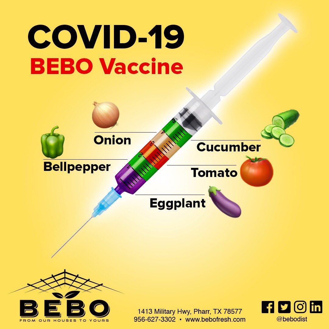 bebodist's tweet photo. 🚨 Major Announcement 🚨 we’ve developed an all natural 💉 Covid-19 vaccine. It’s got all the vitamins 💊 and minerals, everything the body 🧬 needs. 🍆🫑🥒🧅🍅 Coming soon to a pharmacy near you. #AprilFools #FreshProduce #RGV #Veggies https://t.co/uMdnQR7g5a