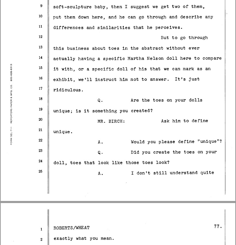 atlantaarchives's tweet image. &quot;Would you please define &apos;unique&apos;?&quot; This is only one of several moments in the Martha Nelson v. Xavier Roberts Louisville civil case that make us say #ArchivesWaitWhat! You definitely don&apos;t see an argument over soft-sculpture baby doll toes very often!