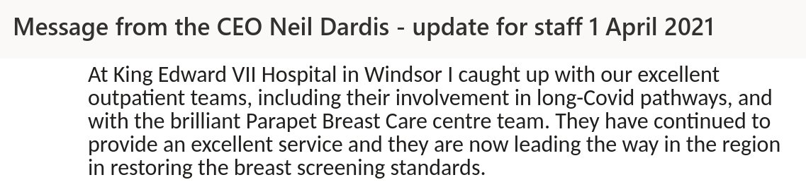 Thanks for the mention <a href="/NeilDardisFHFT/">Neil</a> <a href="/FrimleyHealth/">Frimley Health NHS Foundation Trust 💙</a> 
Parapet #breastcancer team have worked throughout to keep the one-stop service going, and have now caught up on all the #breastscreening cases during the pandemic #proud #teamworkmakesthedreamwork 
<a href="/FHFTRadiology/">FHFT Radiology</a> <a href="/FHFT_Pt_Exp/">Patient Experience</a>