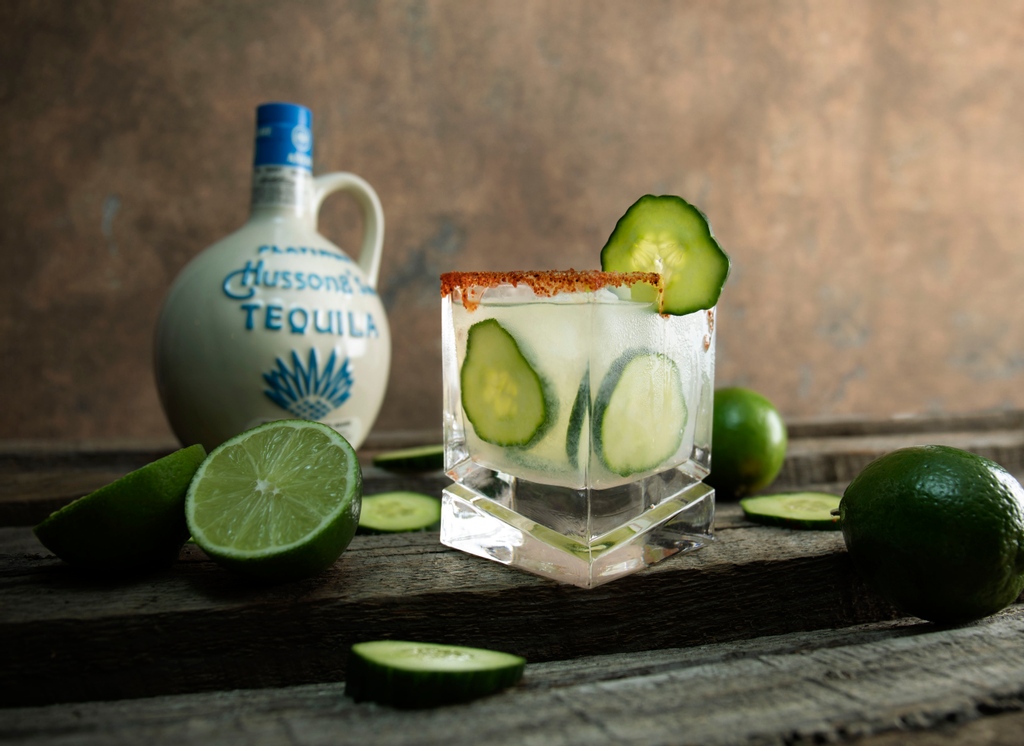 A bright cucumber margarita with the freshness of spring! 

3 oz of fresh cucumber juice
1.5 oz Hussong's Platinum Tequila
1.5 oz of lime juice
0.5 teaspoon sugar
Top w/ club soda
Garnish w/ lime and cucumber