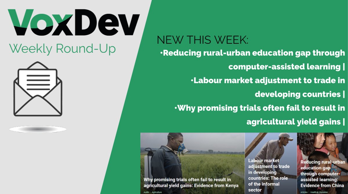 vox_dev's tweet photo. This week on #VoxDev: Reducing rural-urban education gap through computer-assisted learning | Labour market adjustment to trade in #developing countries | Why promising trials often fail to result in agricultural yield gains
Read our weekly Newsletter 👉 https://t.co/rMFb77Wvgg https://t.co/BHqnVJIPPY