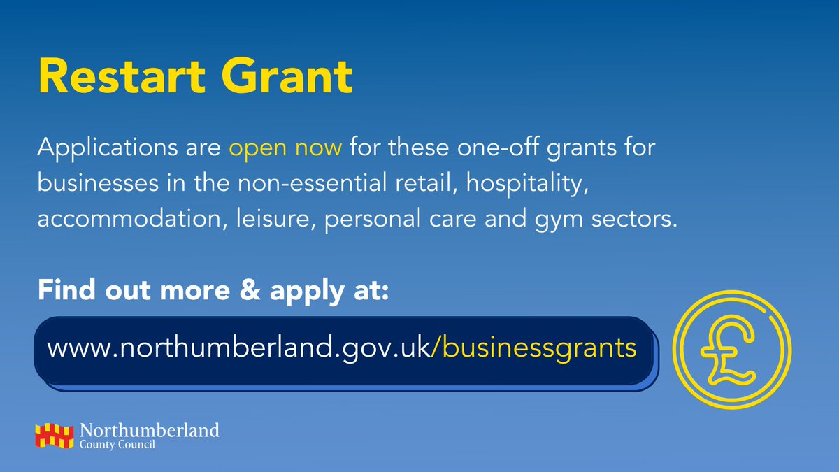 RNorthumberland's tweet photo. N_landCouncil: ⚠️RESTART GRANT APPLICATIONS OPEN⚠️ 
Applications are now open for Northumberland businesses to apply for a Restart Grant. Businesses in the non-essential retail, hospitality, leisure, personal care or accommodation sectors could be eligib… https://t.co/8yKjl5QDCW