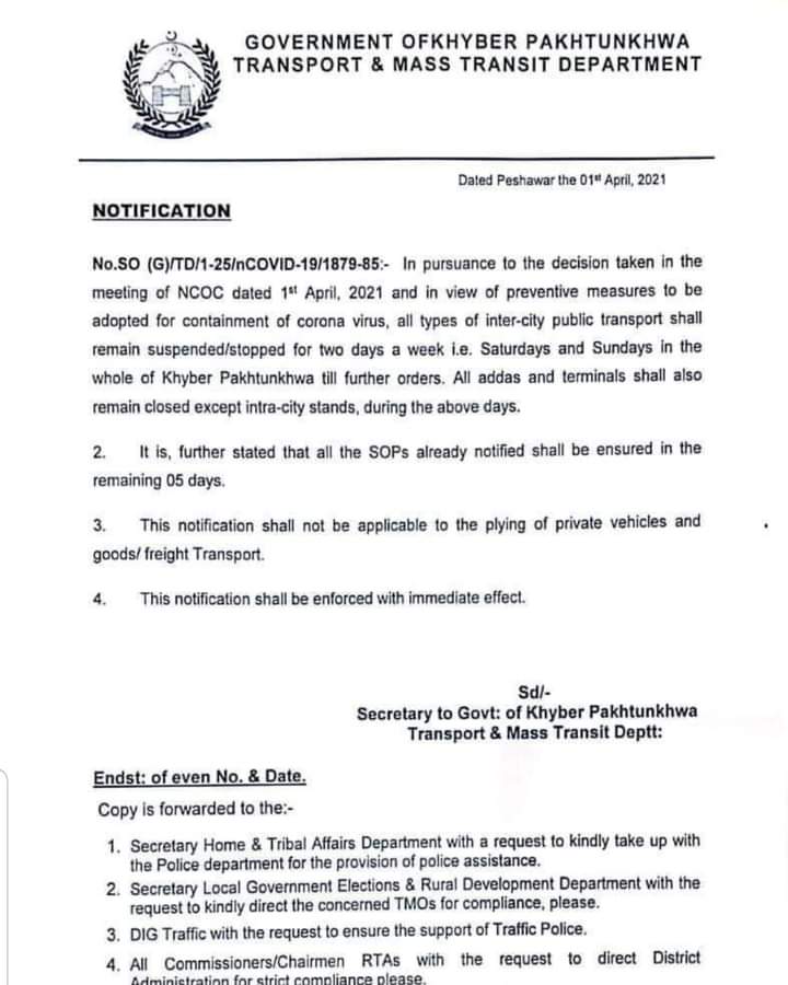 KPCoronaUpdates's tweet photo. خیبر پختونخوا میں دو دن کےلیے پبلک ٹرانسپورٹ پر پابندی عائد. 

ہفتہ اور اتوار کو انٹر سٹی ٹرانسپورٹ پر پورے صوبے میں پابندی ہوگی.فیصلے کا اطلاق پرائیوٹ اور گڈز ٹرانسپورٹ پر نہیں ہوگا.

 #Covid_19 https://t.co/EkLnlqooES