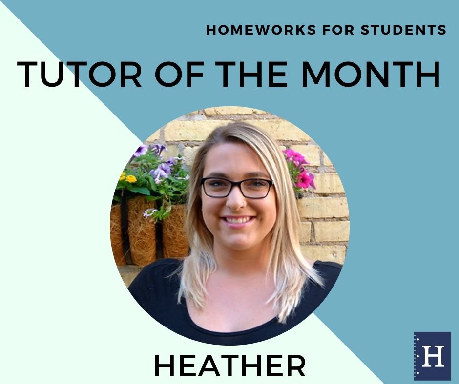 Homeworkstudent's tweet image. Way to go Heather on being our April Tutor of the Month! She recently completed her M.Ed. at UMN and has been teaching 6-7th grade math for 3 years. She loves working with students in-person and online. When not tutoring, she enjoys getting outdoors with her puppy!