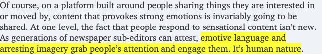 His second unambiguously true point is this. People respond to emotionally engaging content (and worse: bias-affirming, tribal-identity-reinforcing, and rage-inducing content) because we are hardwired to do that. It’s how our brains work. 15/