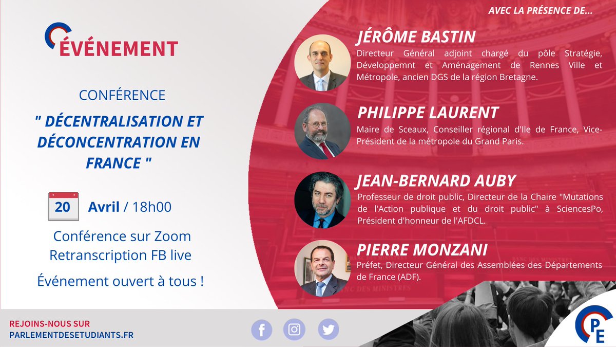 ParlementEtudia's tweet photo. ⭕️ DÉCENTRALISATION ET DÉCONCENTRATION ⭕️ 

À l'occasion des élections régionales et départementales, joins-toi à une table ronde sur la décentralisation et la déconcentration.

INFOS 
➡️ Mardi 20 avril 
➡️ 18h15
➡️ Sur Zoom

‼️ INSCRIPTION OBLIGATOIRE : https://t.co/PnYwRr606c https://t.co/RPKJEKp6TB