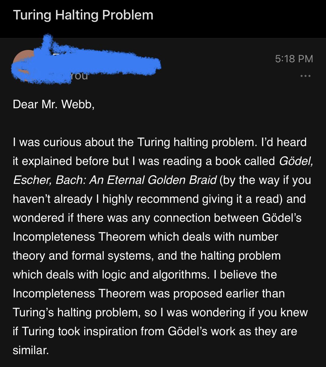 webbheadmathart's tweet image. Every once in a while a student of mine will ask question I didn’t expect or consider but truly enjoy answering. described Turing’s Halting Problem QUICKLY in class to show there’s some questions in CS we can’t answer. Notice the time...student thought about this for a LONG time