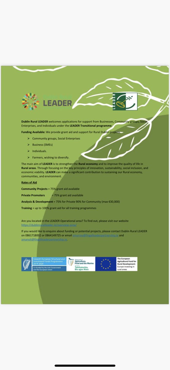 LEADER Transitional Programme opens today for applications!!😊Are you based in Rural Dublin🤔see below for info👇ring us today to start the process📞👍supporting Rural Communities! #RuralDublin  @DeptRCD @theILDN @joefingalgreen @DeclanJRD @FingalLeader @Fingalcoco @HHumphreysFG