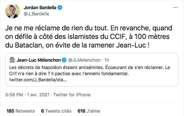 F_Desouche's tweet photo. Quand Jordan Bardella mouche Mélenchon : "Quand on défile à côté des islamistes du CCIF, à 100 mètres du Bataclan, on évite de la ramener Jean-Luc !" - https://t.co/OKggz9OWgR https://t.co/xtnSaBcRsA