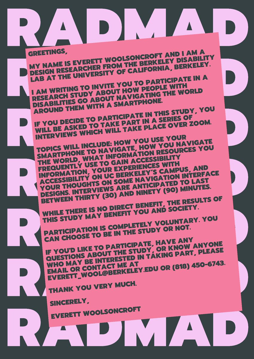 RadMadLab's tweet image. Would you like to participate in meaningful research that may benefit society and enrich your life? Join this research study conducted by the Berkeley Disability Lab!
Here's the information if you are interested