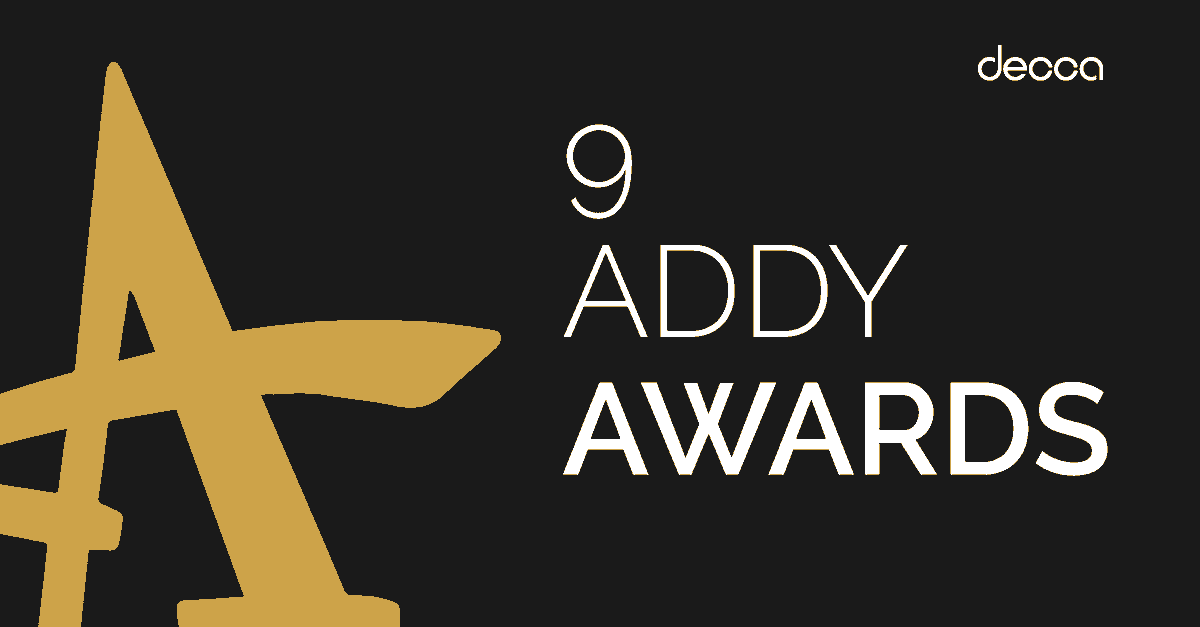 DeccaDesignTeam's tweet photo. Decca is proud to take home NINE Addy awards this year! We are grateful for our partnerships with [24]7. ai, Cisco, Cohesity, Pure Storage, and RMS in our client awards wins, and our own design team for our 2020 Holiday email! #addys #aafsiliconvalley https://t.co/EiUrbWqT0x