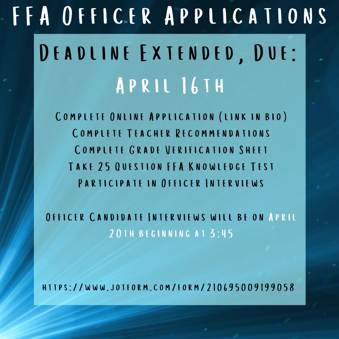 Begnaud_aged's tweet photo. Interested in serving as an FFA officer? Check the application out here:
https://t.co/DThYDKoHav

They are due back to Mr. Collins or Mrs. Begnaud by April 16th! https://t.co/CqU9vd7Yb0