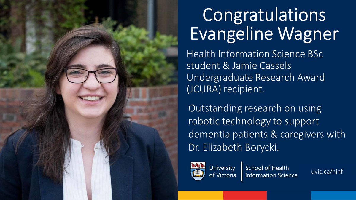 uvic_healthinfo's tweet photo. Congratulations Evangeline Wagner #HINF @uvic_healthinfo BSc student & recipient of a 2020/21 #JCURA award. Evangeline worked with Dr.
@EBorycki on this innovative research using robotic technology to support dementia patients & caregivers.
See: https://t.co/mGo70s8aQX #robotics https://t.co/9nDfinVv8S