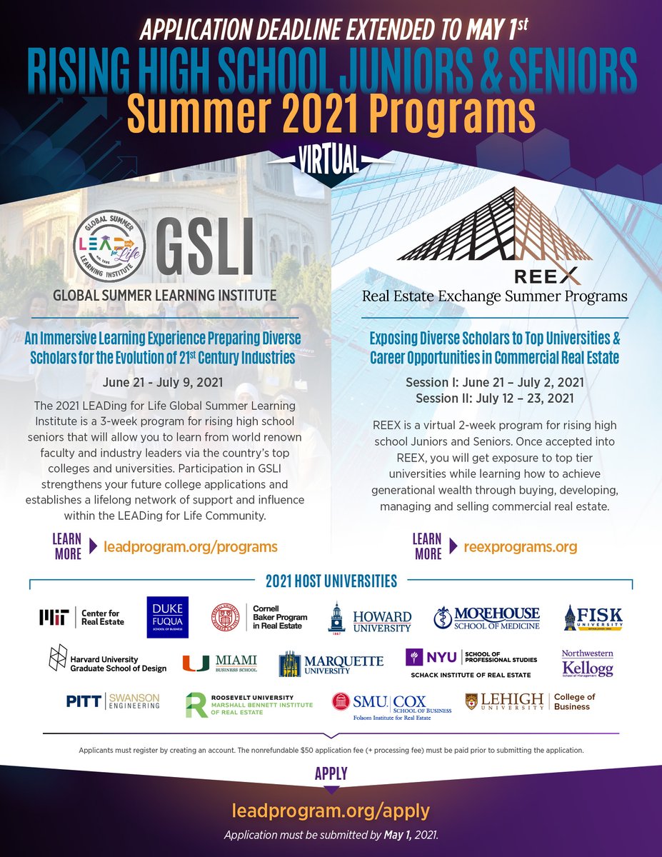 LEADingforlife's tweet image. #LEADProgram is pleased to announce that our application deadline for the GSLI Program and Real Estate Exchange Program will be extended to May 1ST! 
#Rising #highschool #sophomores &amp;amp; #juniors can register and submit their application online at leadprogram.org/apply.