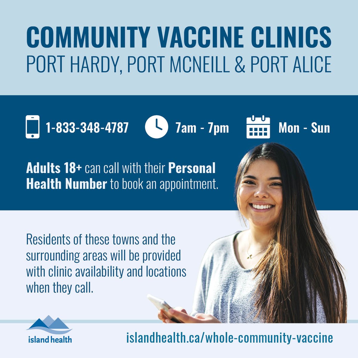 Whole community vaccine clinics for adults age 18+  are coming to #PortMcNeill, #PortHardy and #PortAlice starting April 12. Call 1-833-348-4787 to book your appointment.