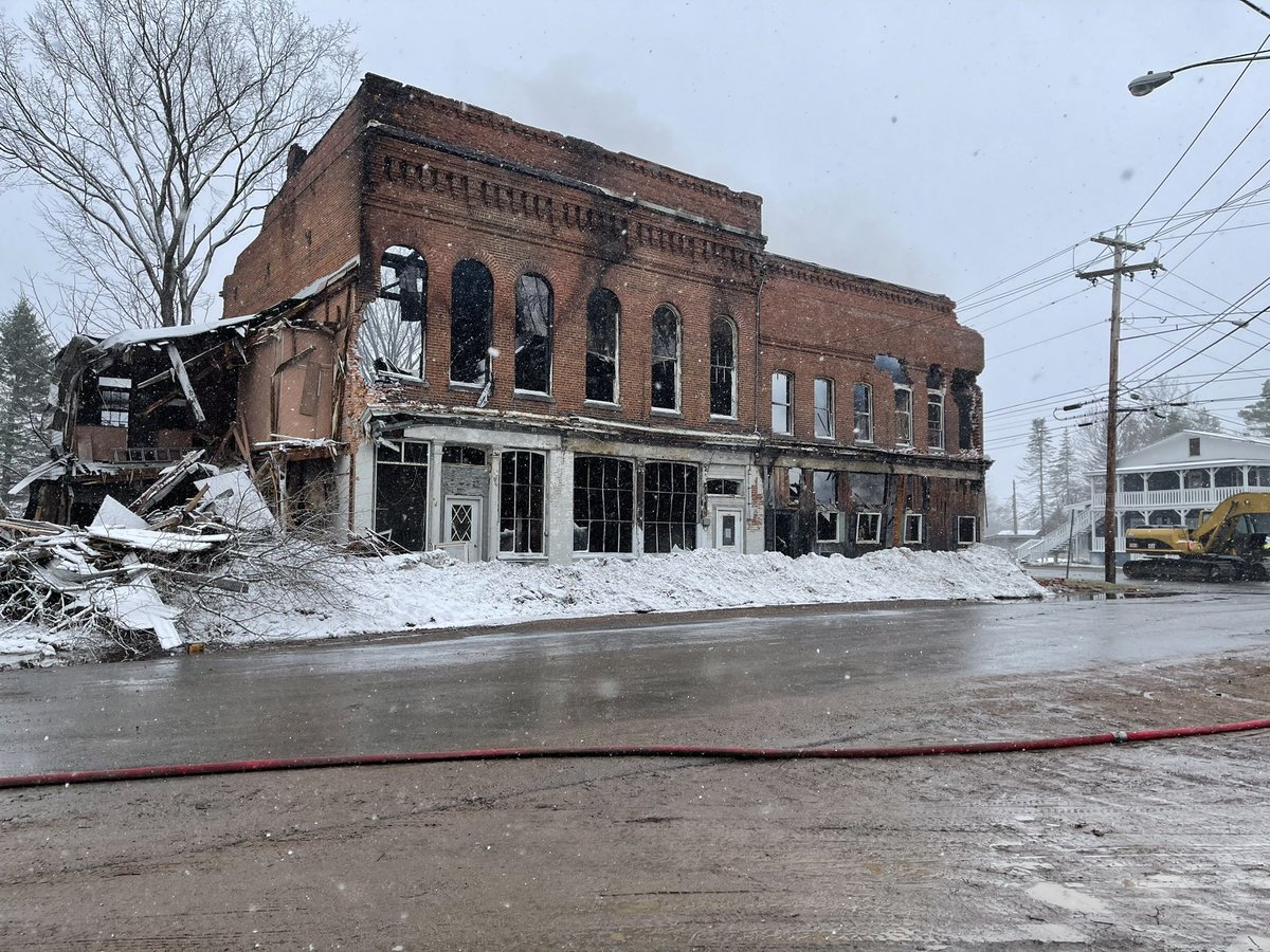 BKearneyTV's tweet photo. According to Lewis County Emergency Management, no one was hurt during this massive fire on Main St. In Turin. Crews are now working to demolish the building for safety concerns. @WKTV #turin #largefire #wktv #lewiscounty https://t.co/x8YX2kUZnS