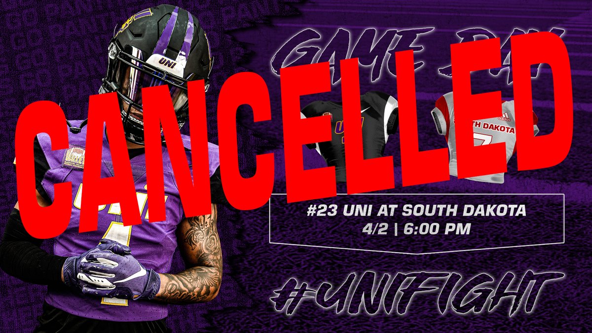 UNIFootball's tweet photo. Friday's game against South Dakota has been canceled due to a positive test result and contact tracing in USD’s Tier 1 personnel. The game will not be made up. The Panthers close the season with North Dakota State in the Dome on April 10 at 4 p.m.

More⤵️ 
https://t.co/KKxiUJufIG https://t.co/YSHpx3Yd6U