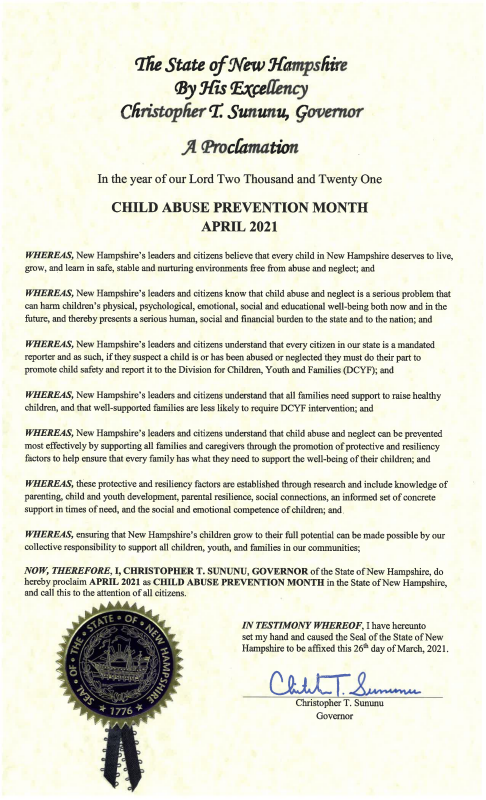 Are you wearing BLUE for #WearBlueDay2021? Here is the #NH Child Abuse Proclamation signed by <a href="/GovChrisSununu/">Chris Sununu</a>. Pledge to #KNOWandTELL! You can Be the Difference. If you suspect abuse or neglect, you are mandated by law to report to #DCYF. Children depend on us to be their voice.