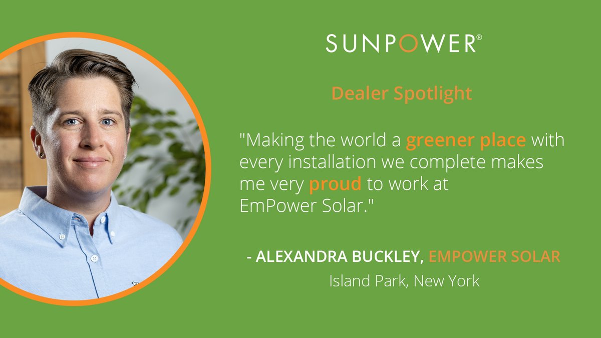 SunPower's tweet photo. Working in clean energy is incredibly gratifying. Like many women in solar, Alexandra Buckley from @EmPowerSolar is helping restore our planet one installation at a time. #RenewableEnergy #SolarPower #EcoFriendly https://t.co/DzzWHyMFZL