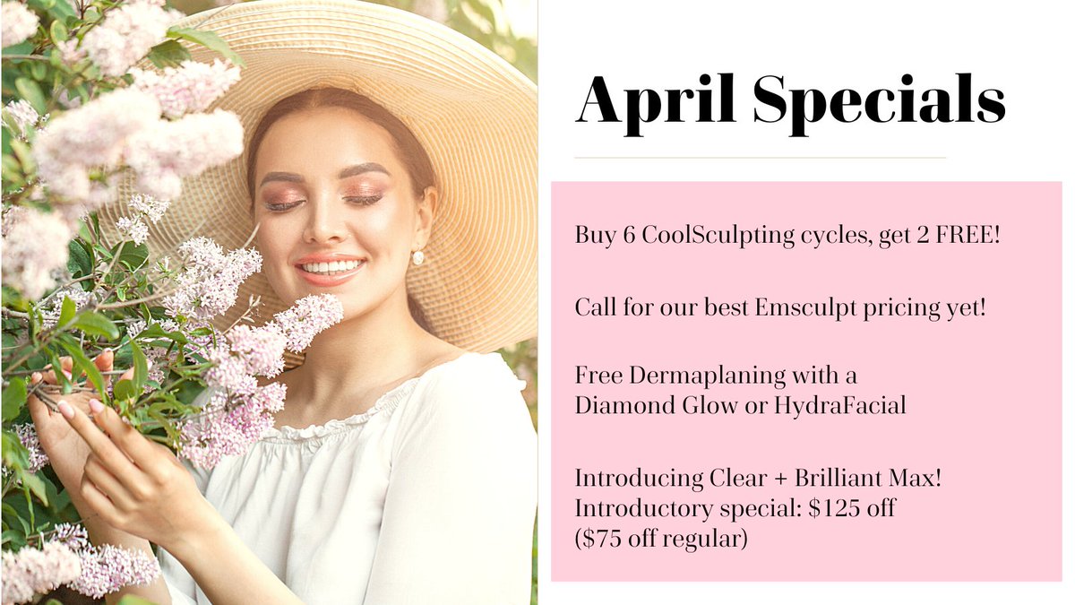 We aren't fooling around with our April specials - they're really this good! Take advantage of discounts on CoolSculpting, Emsculpt, Dermaplaning, and our NEW Clear + Brilliant MAX!

germaindermatology.com/specials/