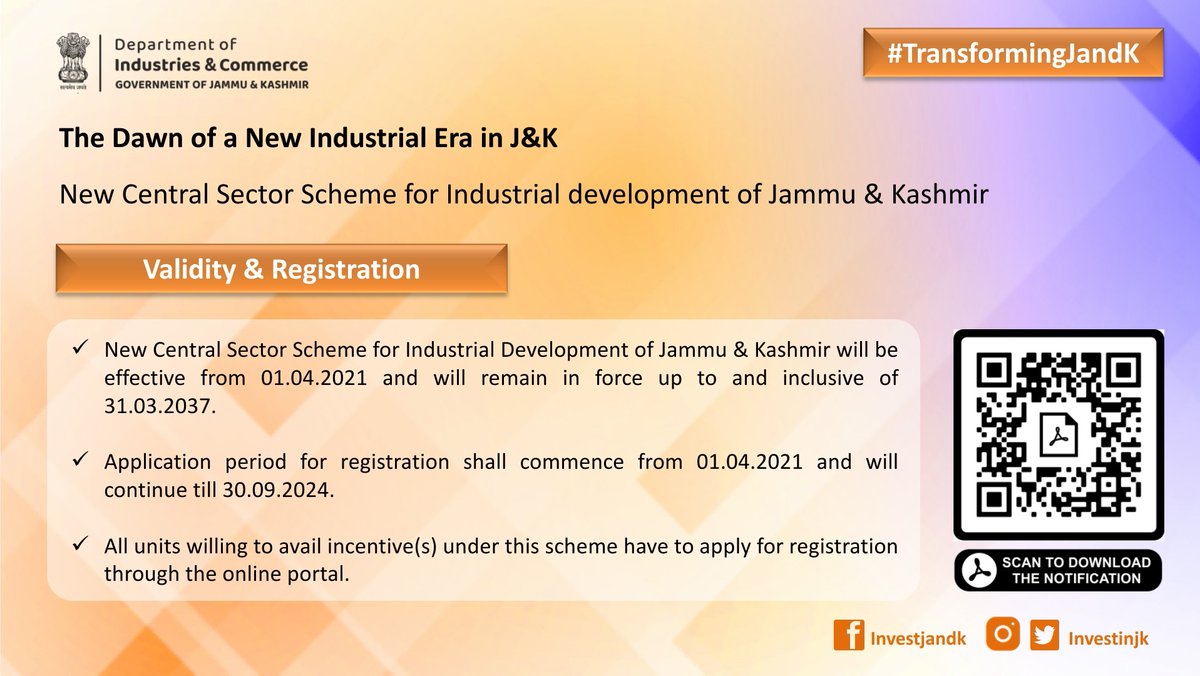 InvestinJK's tweet photo. #SchemeUpdate: Industrial Development Scheme 2021 is effective from today 01/04/2021. Application period for registration to commence from same date.

Register online on https://t.co/r6RUA40K7Z 
to avail incentives under this scheme 

#TransformingJandK #JammuAndKashmir 
@diprjk https://t.co/qrAhr8Bbfl